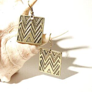 Decree Herringbone Brass Look Shepard Hook Earrings Vintage 80s Boho Exotic